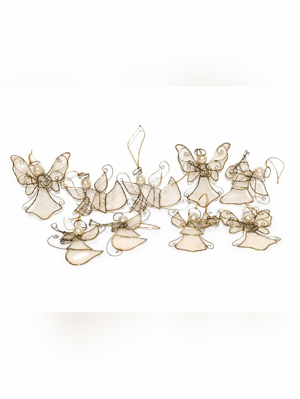 Vintage Handmade Angel Christmas Ornaments Set of 9 Gold Wire Capiz Shell Pearl